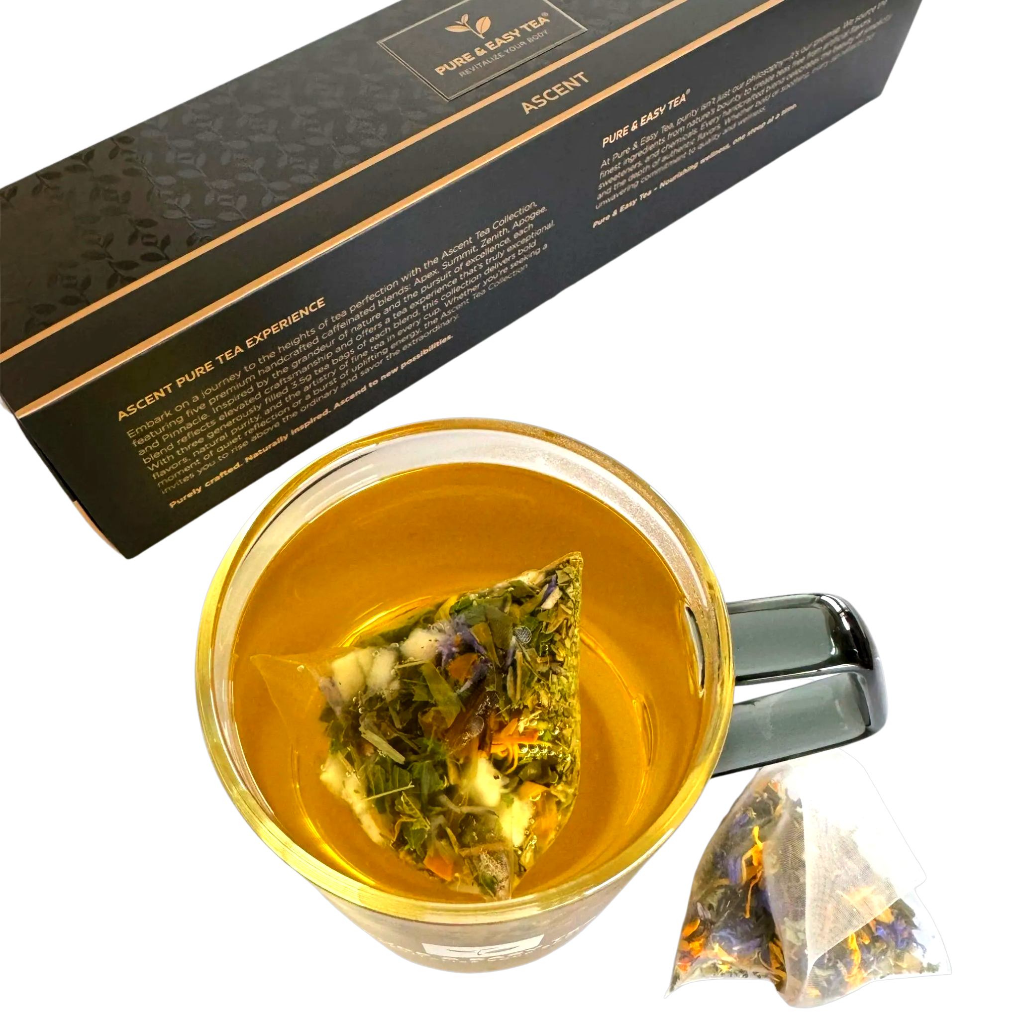 An Ascent pyramid sachet steeping in a glass mug, whole leaves and flowers visible, beside the Ascent sleeve