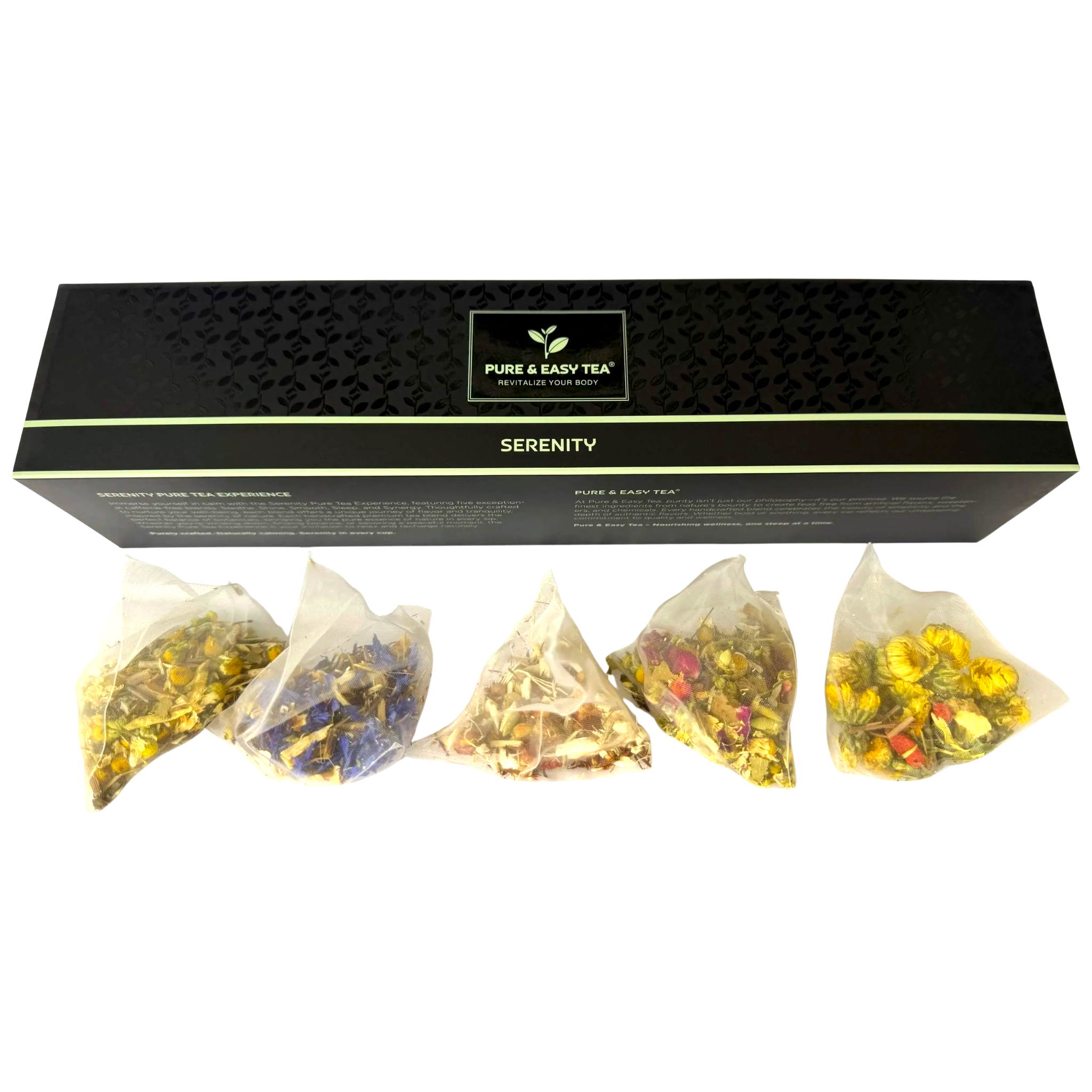 The Serenity sleeve with one pyramid sachet of each of the five blends, whole flowers and herbs visible