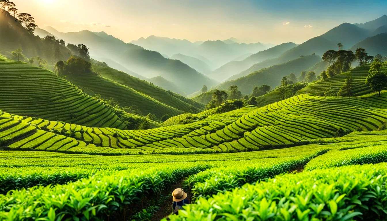 Tea farm hillside where leaves are grown without heavy pesticide use