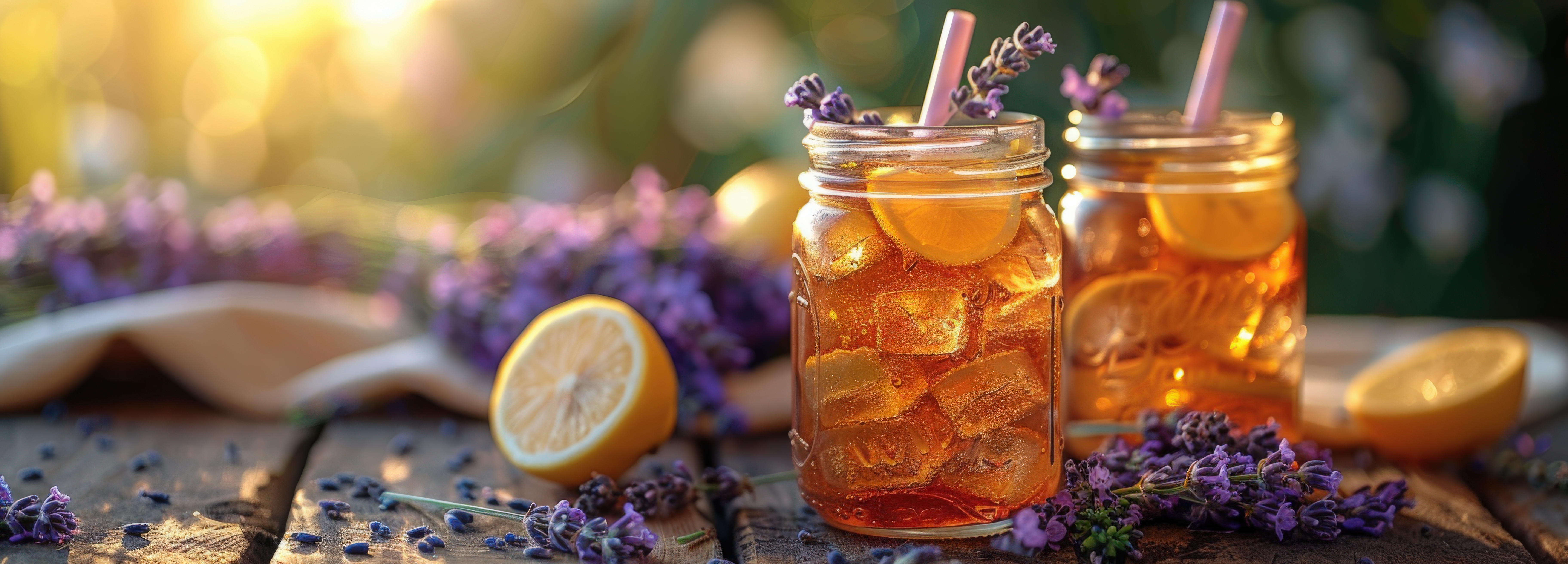 Two mason jars of homebrewed iced tea, garnished with lavender and lemon, an easy way to drink pure