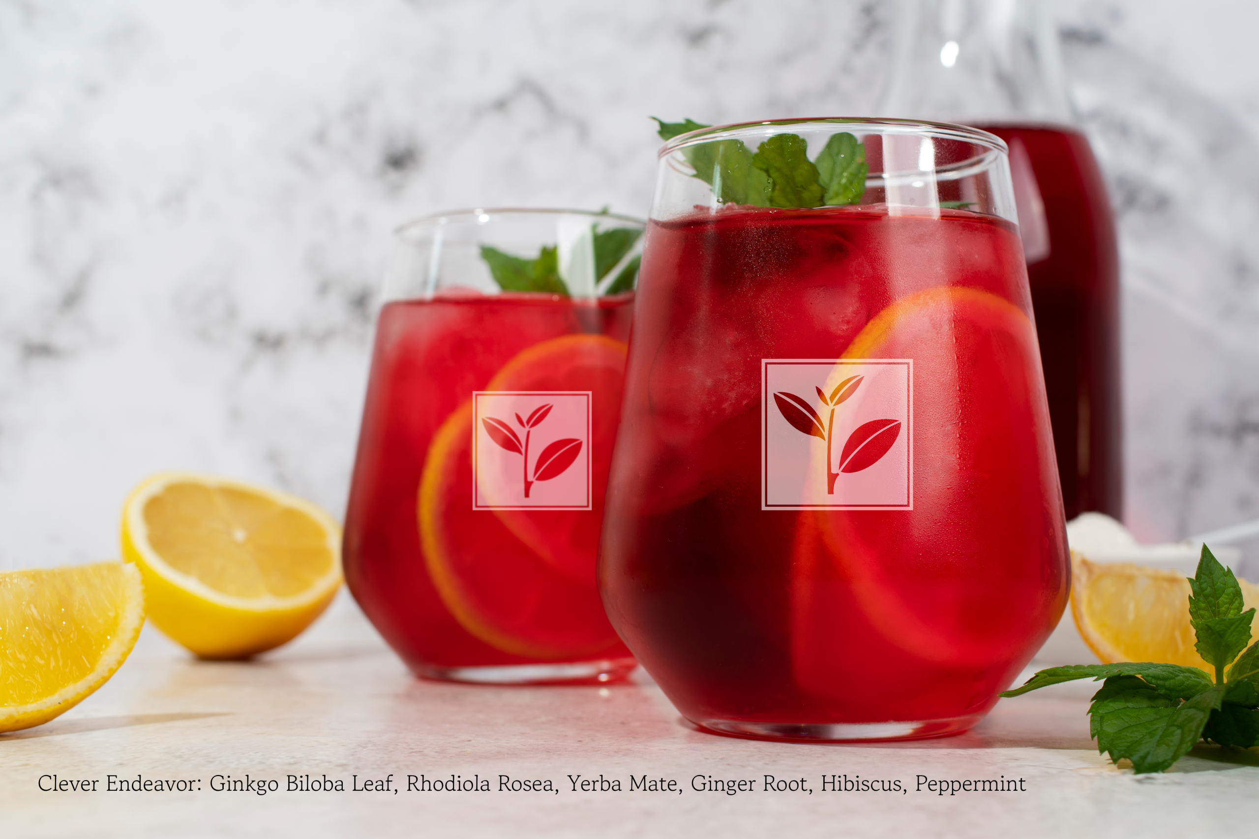 Brewed cup of Clever Endeavor brain fuel tea with peppermint and hibiscus