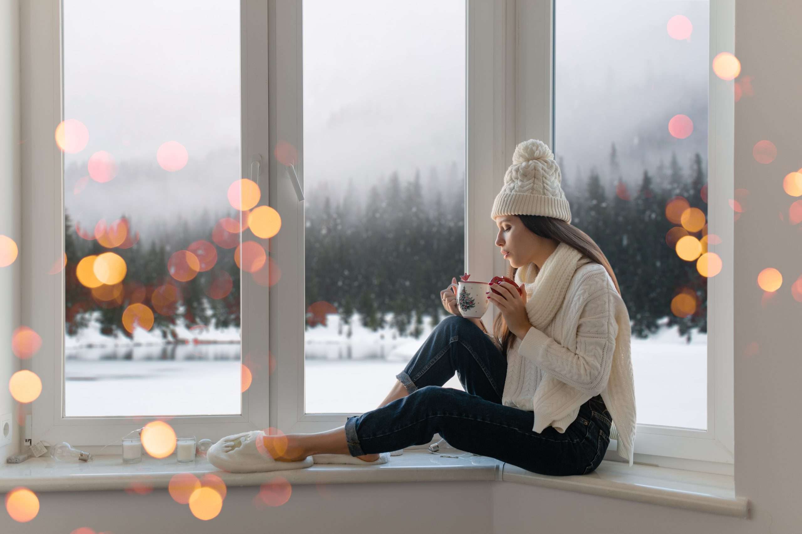 A holiday self-care ritual: sitting by the window with a warm cup of tea
