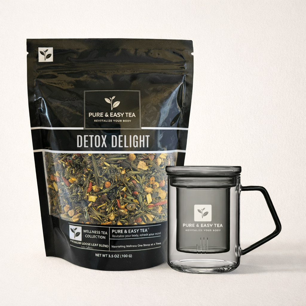 Detox Delight tea bag standing next to the Pure & Easy Tea borosilicate glass brewing mug