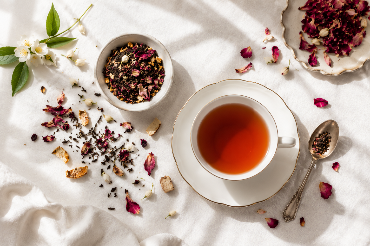 Midnight Rose whole-leaf tea blend with no flavored tea additives — real rose petals, jasmine, and orange peel