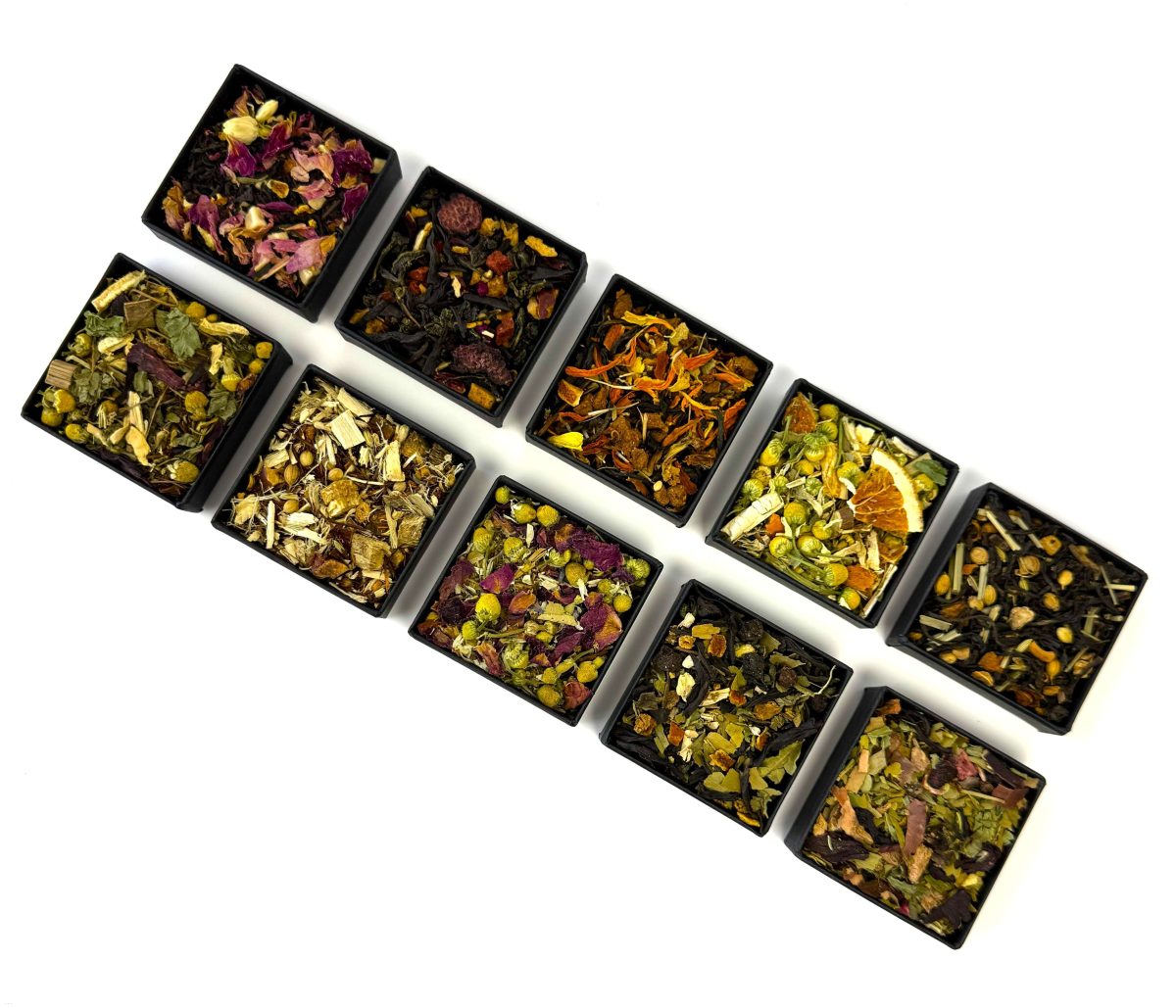 Pure & Easy Tea whole botanical tea blends with visible herbs flowers fruits and roots
