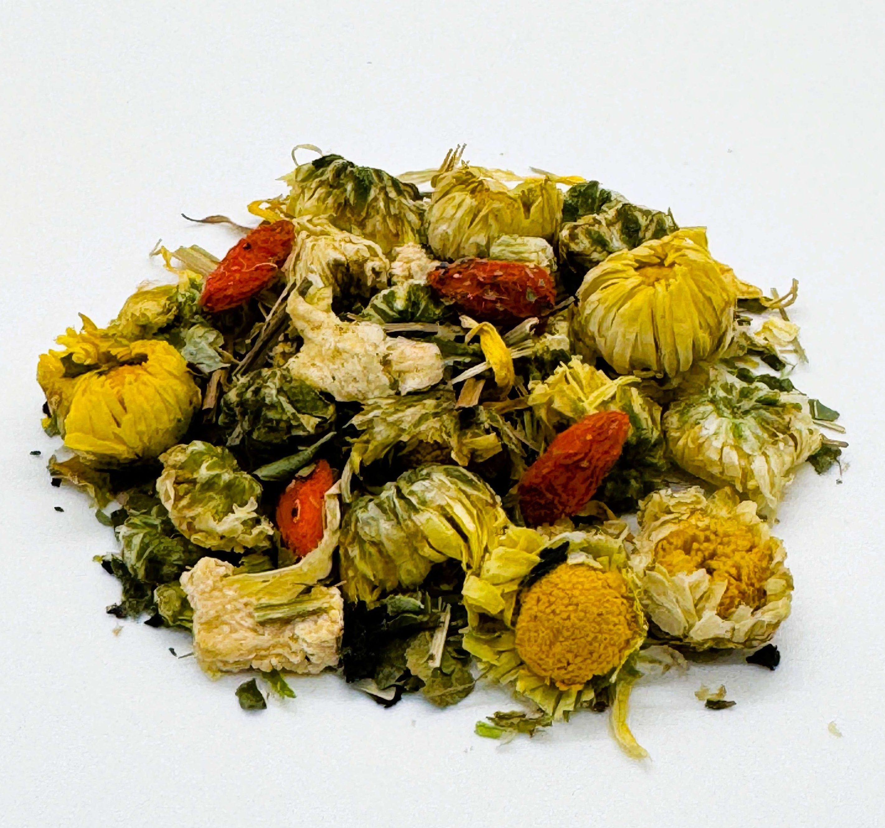Loose leaf tea blend showing whole botanicals