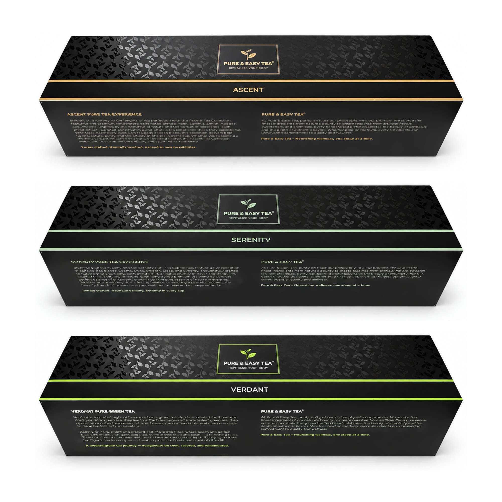 The Ascent, Serenity and Verdant tea flight gift sleeves by Pure & Easy Tea