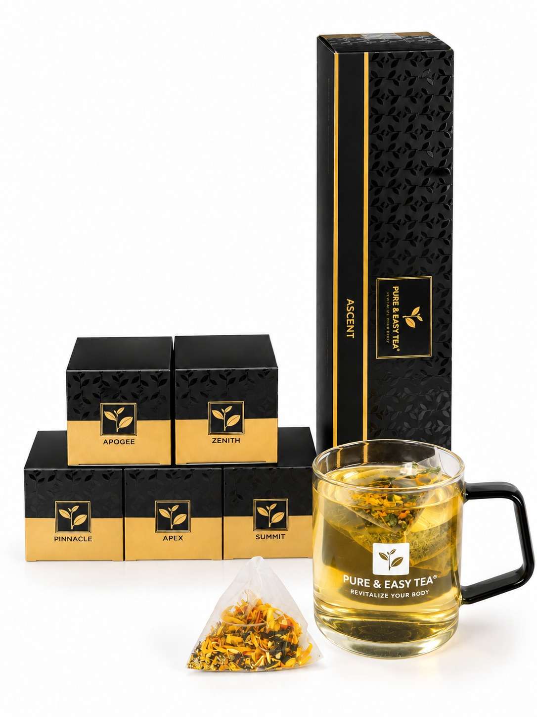 Ascent tea flight: the sleeve, five blend boxes, a pyramid sachet and a brewed glass mug