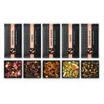 Pure Tea Experience pouches: Midnight Rose, Sunrise, Sunday Morning, Soothe and Signature Chai, each above its loose-leaf blend