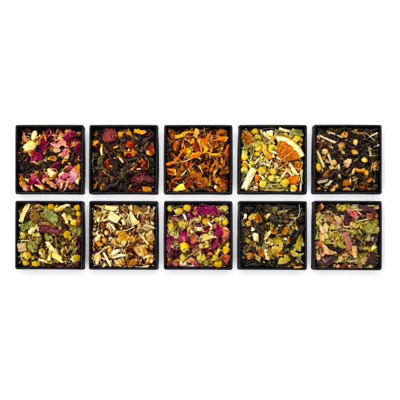 The ten whole-leaf blends in the Pure Tea Experience gift box, shown in two rows