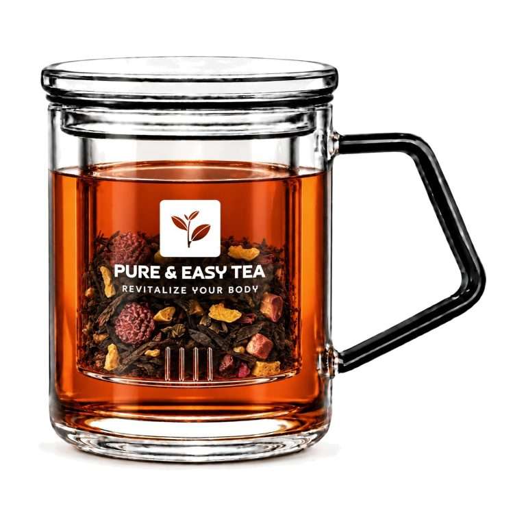 A full 13.5 oz Pure & Easy Tea glass infuser mug of brewed Sunrise tea