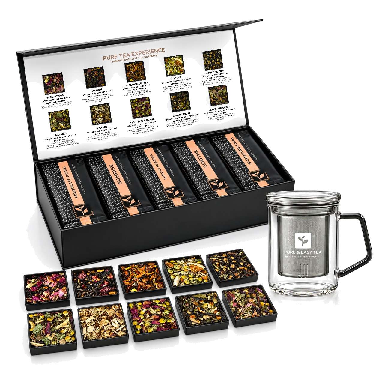 The Pure Tea Experience gift box, open with ten loose-leaf blends, beside the Pure & Easy Tea glass infuser mug