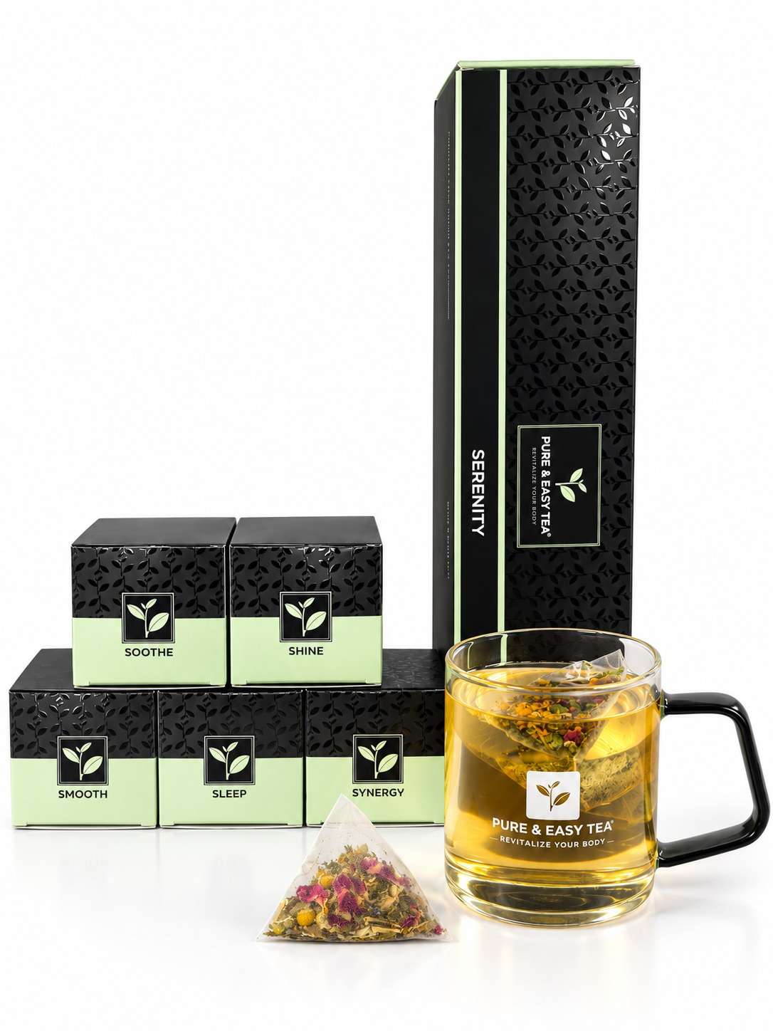 Serenity caffeine-free tea flight: the sleeve, five blend boxes, a pyramid sachet and a brewed glass mug