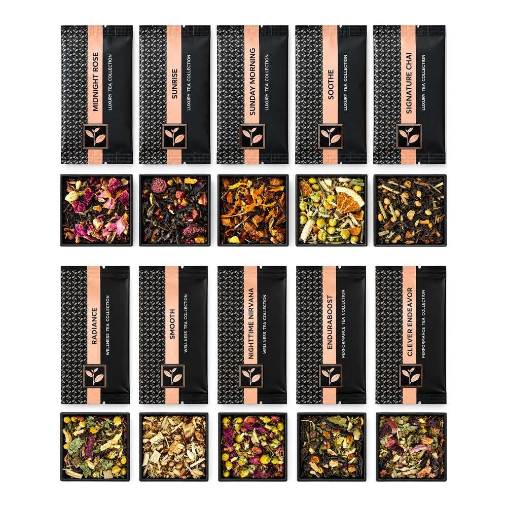 All ten Pure & Easy Tea sample pouches with their loose-leaf blends