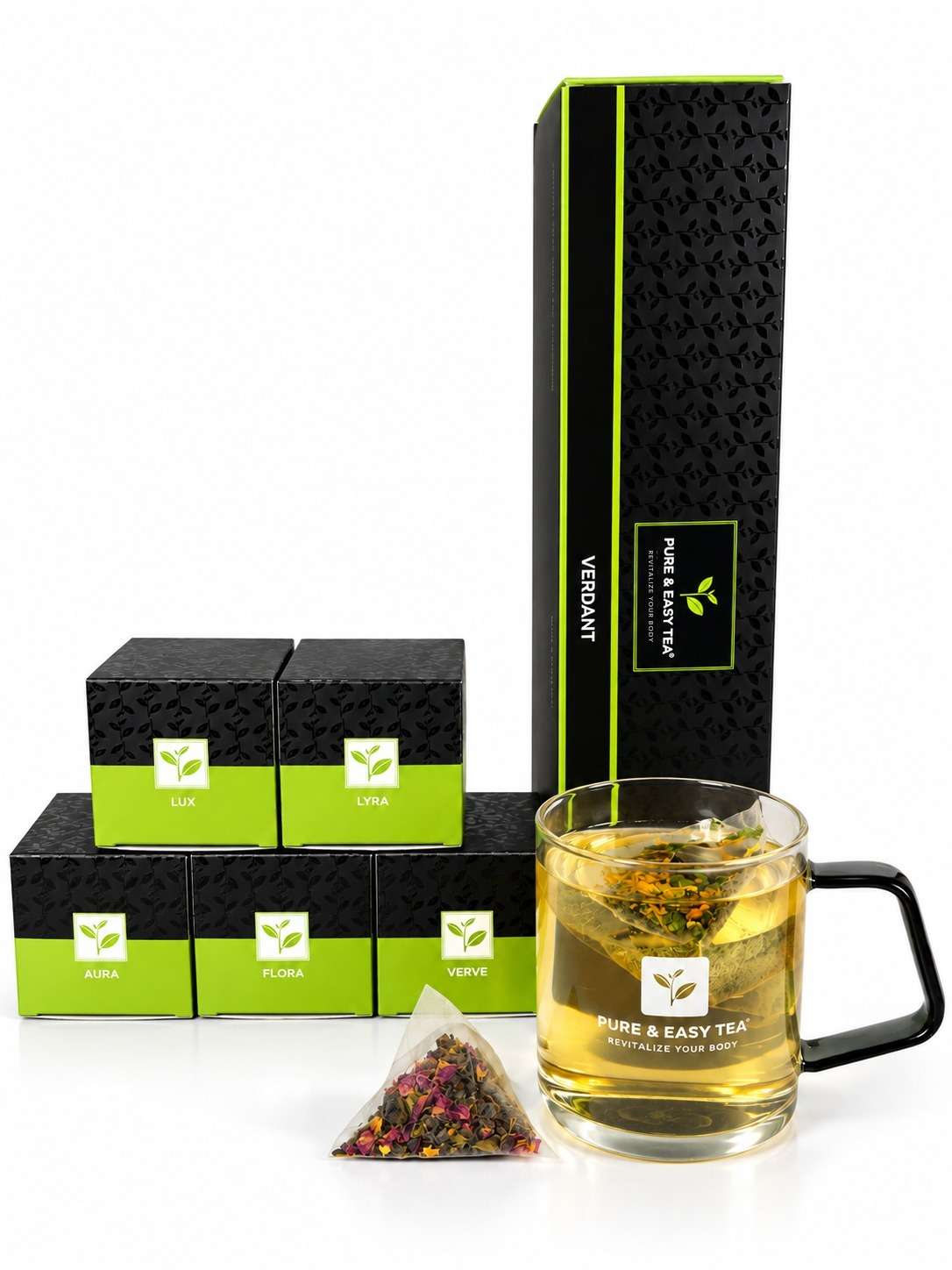 Verdant green tea flight: the sleeve, five blend boxes, a pyramid sachet and a brewed glass mug