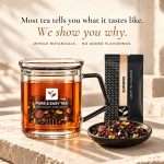 Glass infuser mug brewing Sunrise tea next to a Sunrise pouch and a dish of the loose blend: Most tea tells you what it tastes like. We show you why.