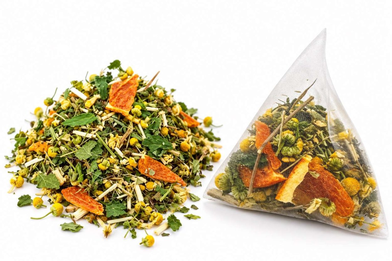 Loose leaf tea vs tea bags: Soothe herbal blend shown as loose leaf beside a pyramid sachet of the same whole botanicals