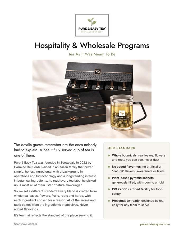 Pure & Easy Tea Hospitality & Wholesale Programs 2026 brochure cover